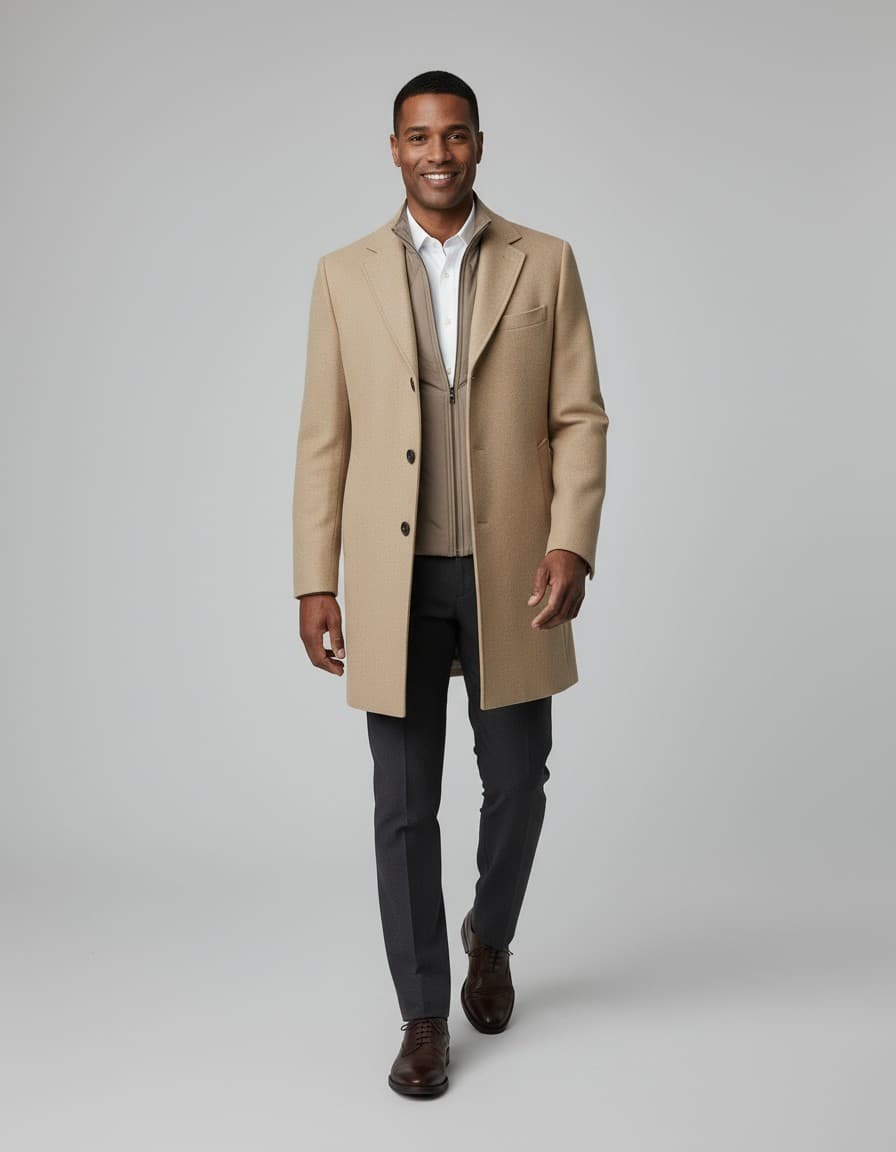 Coat windvanger camel — op model