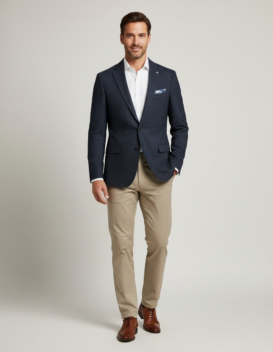 Colbert dot blauw — op model