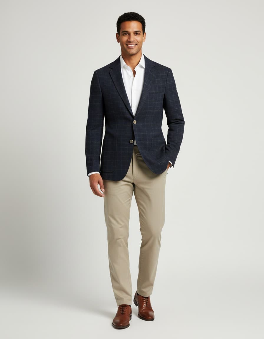Colbert jersey ruit blauw — op model
