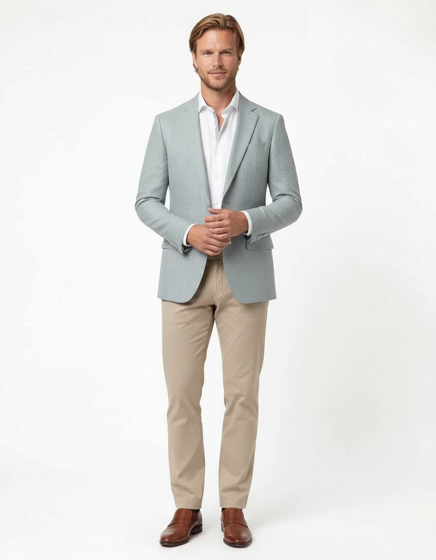 Linen-blend blazer in mist green — on model