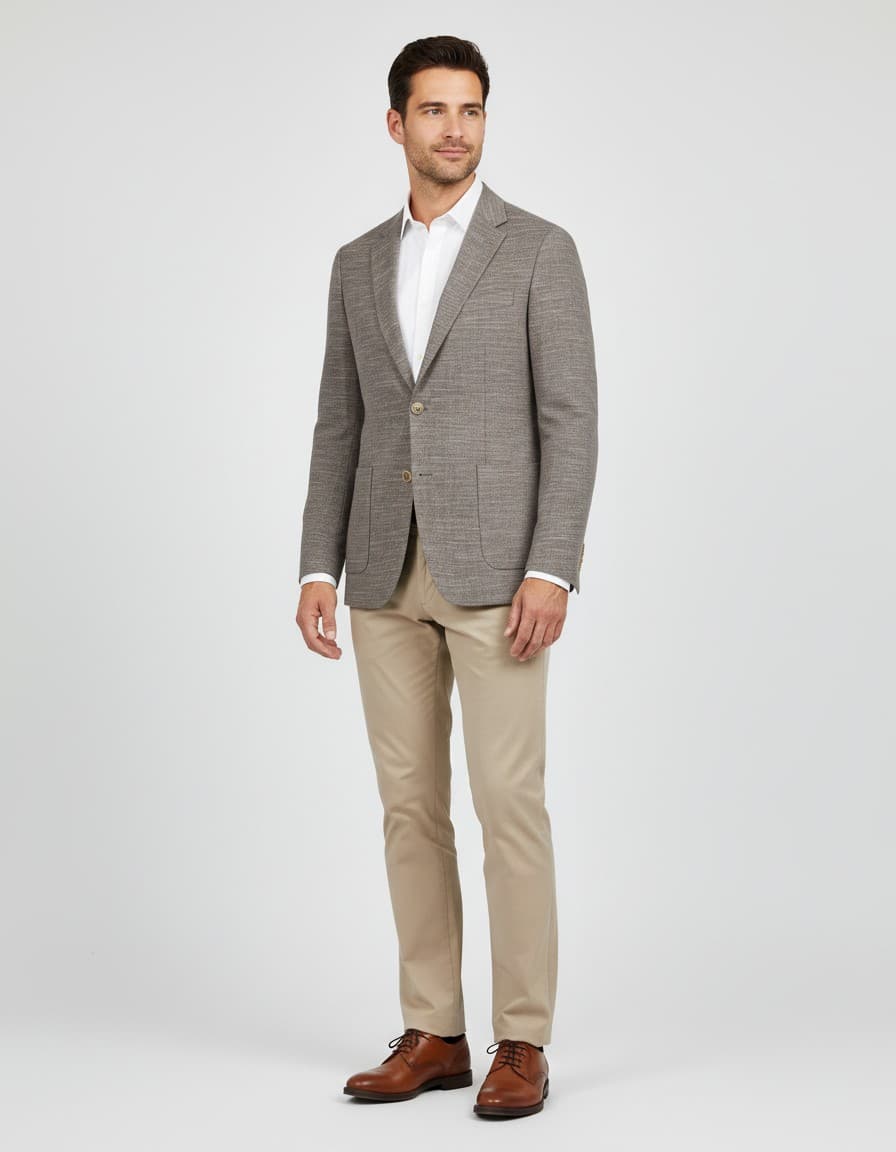 Linen texture blazer brown — on model