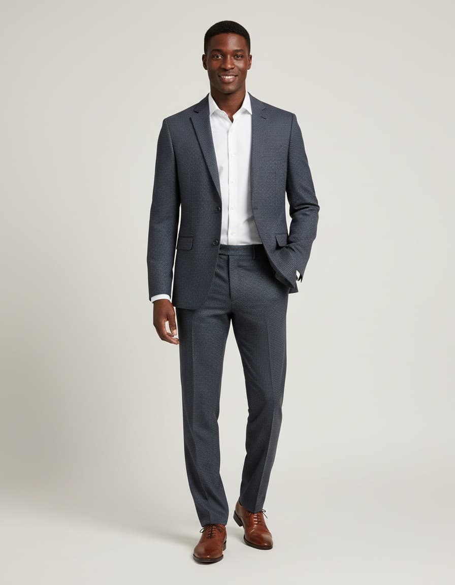 Colbert miniruit blauw-grijs — op model
