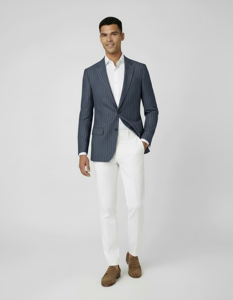 Colbert pinstripe denim-blauw — op model