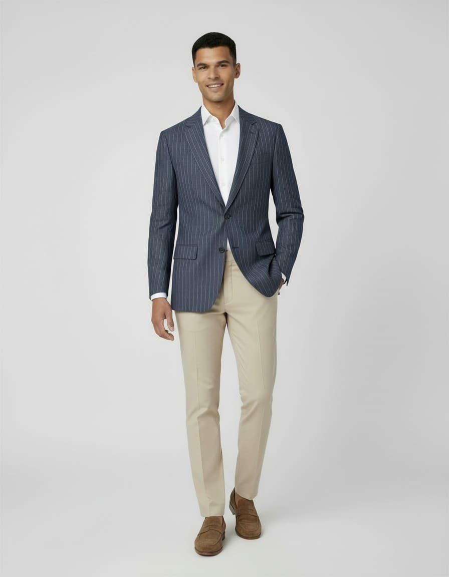 Veston pinstripe denim-bleu — op model