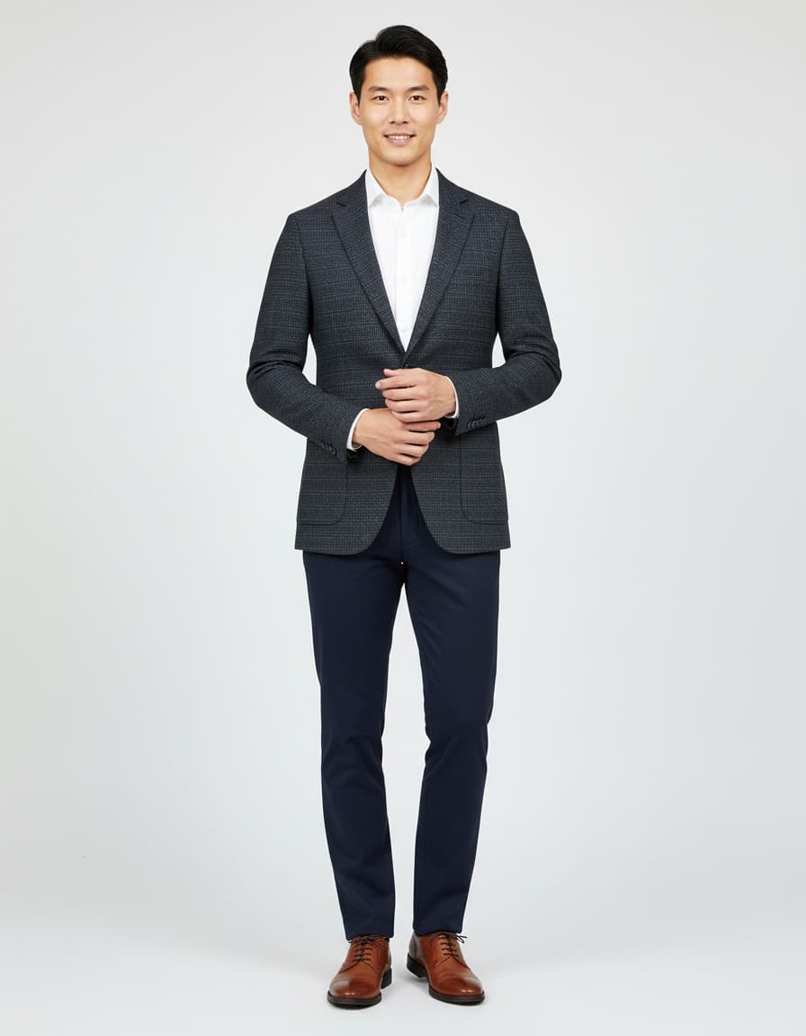 Colbert ruit blauw-grijs — op model