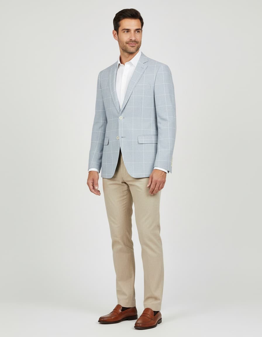 Check Cotton-Linen Blazer Light Blue — on model