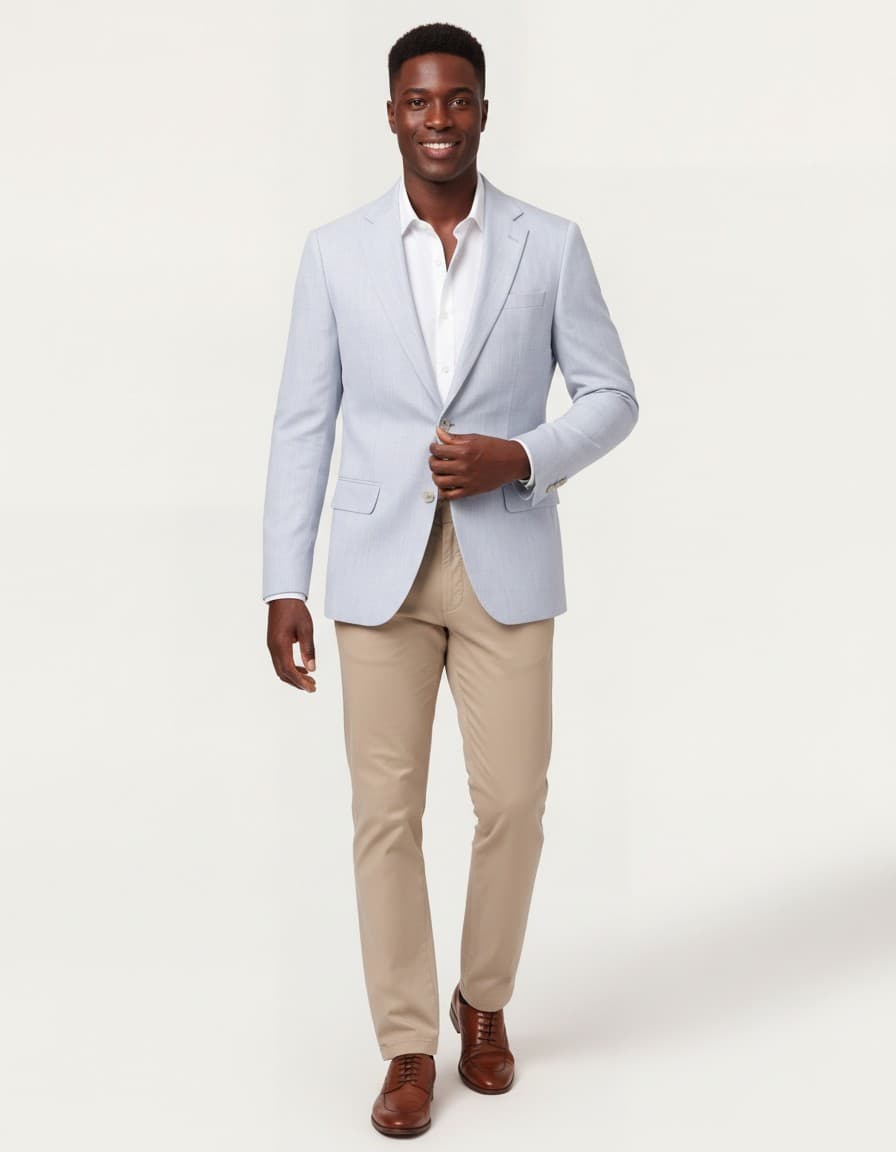 Herringbone textured blazer light blue — on model