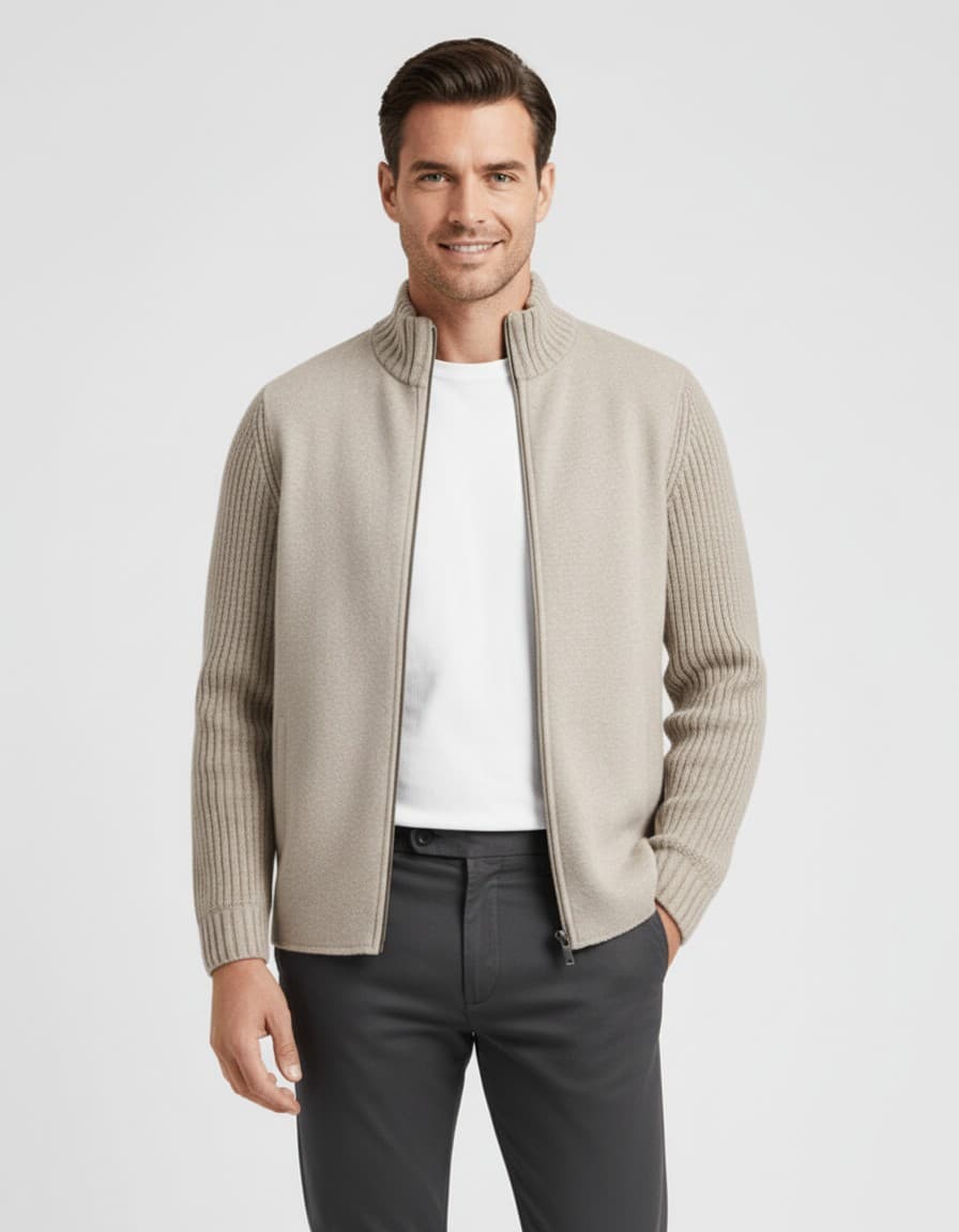 Full-zip cardigan zandbeige — op model