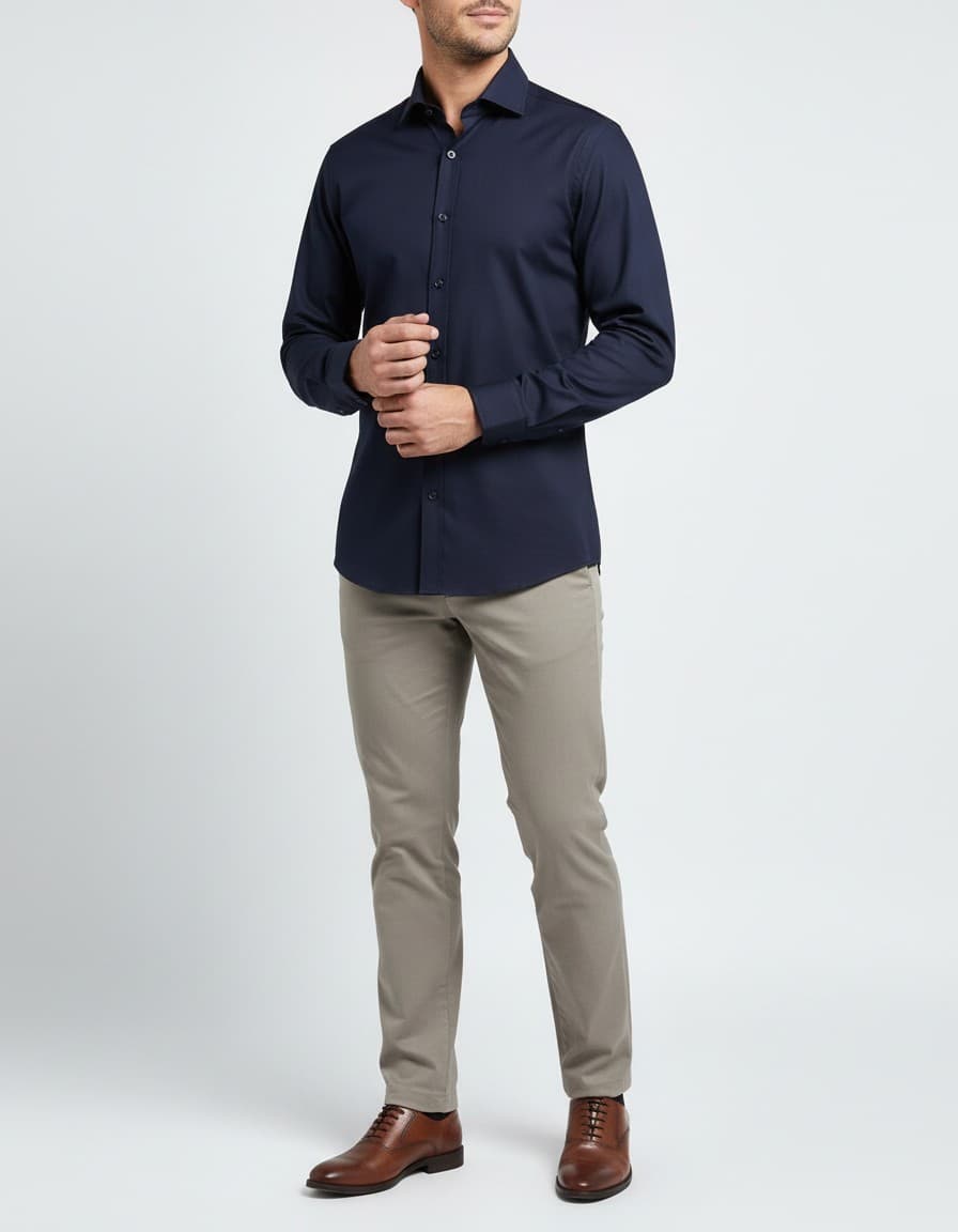 Super Slim Fit Stretch Shirt Navy — on model