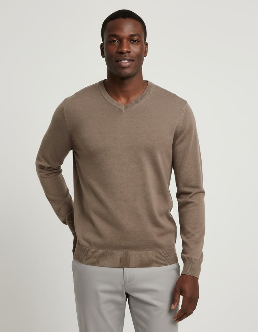 V-neck bruin — op model