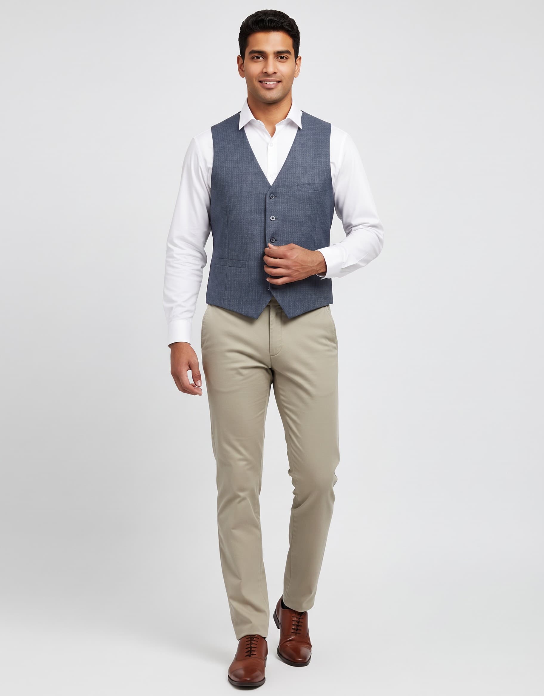 Birdseye Structured Gilet Blue — on model