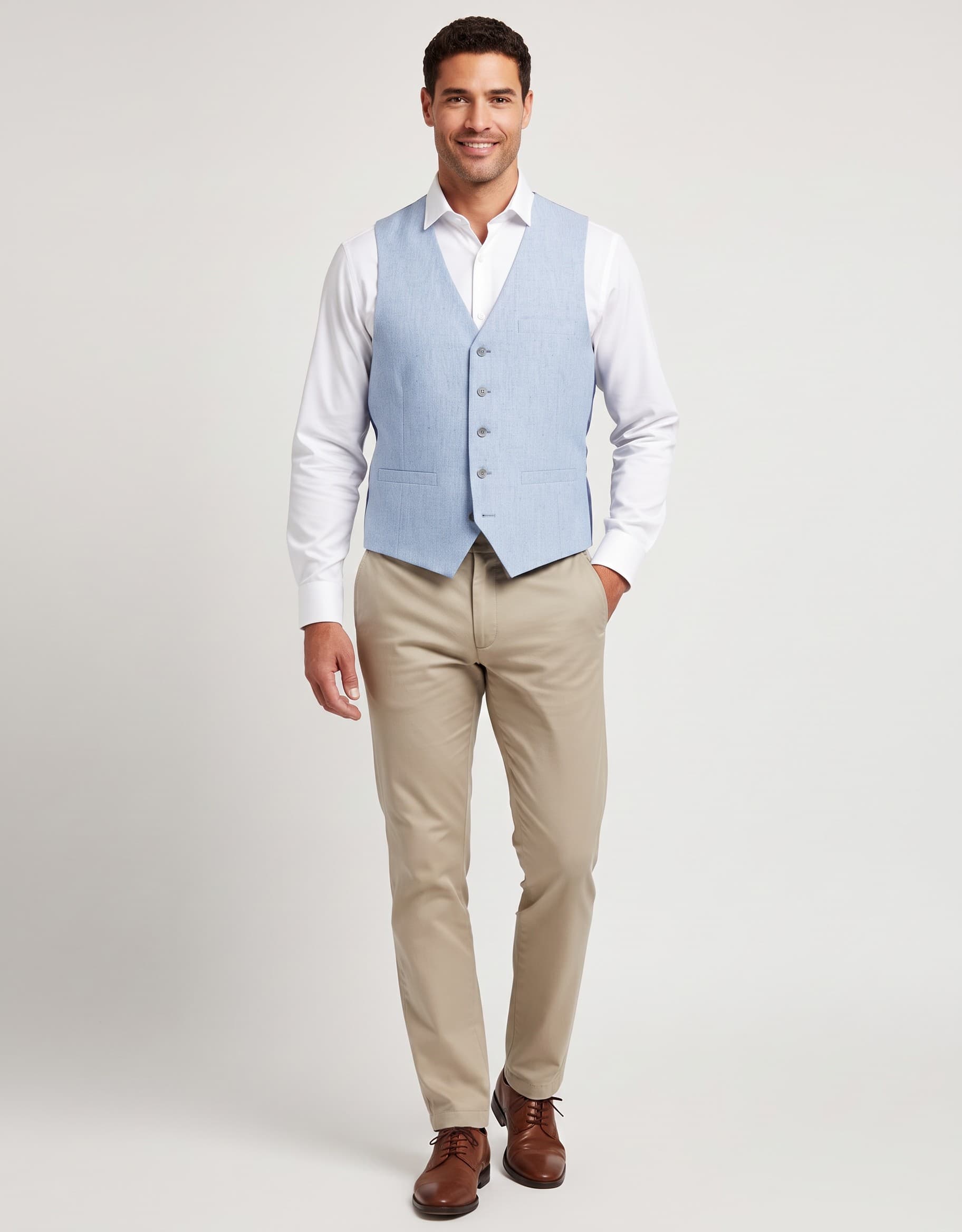 Gilet linnenblend duifblauw — op model