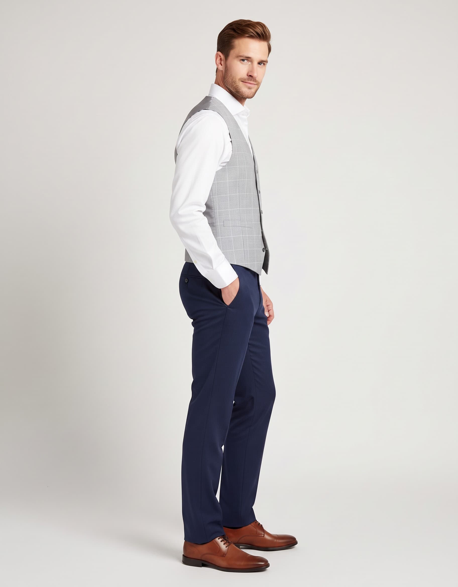 Gilet windowpane lichtgrijs — op model