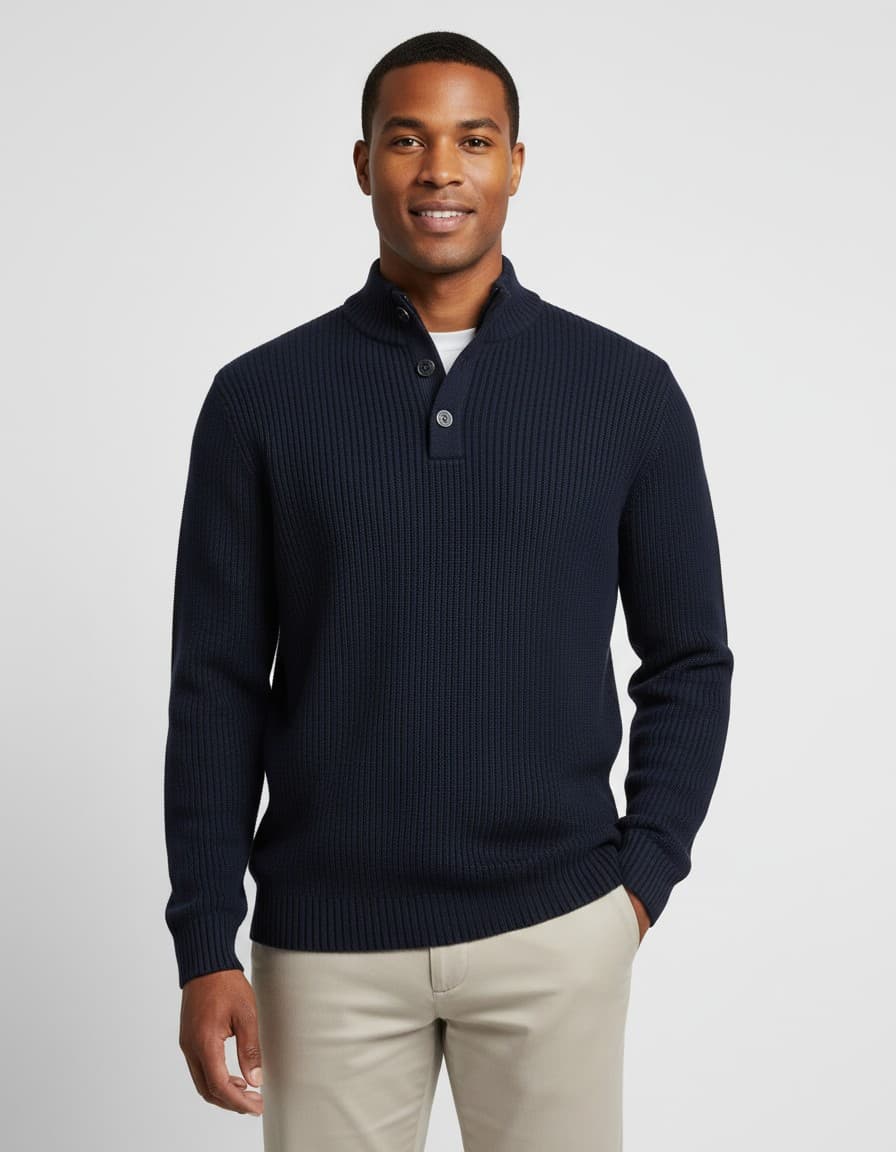 Trui half zip-knopen blauw — op model