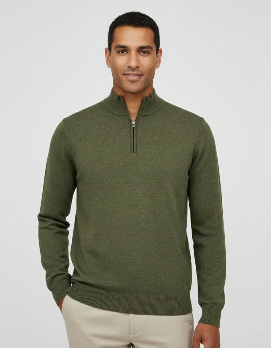 Halfzip merinoblend mosgroen — op model