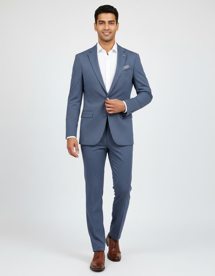 Colbert stretch birdseye blauw — op model