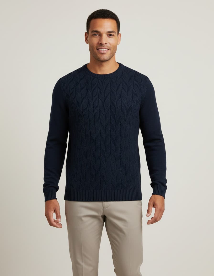 Kabeltrui ronde hals blauw — op model