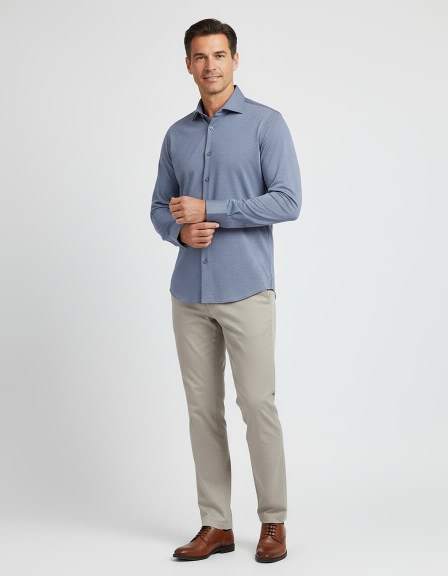 Overhemd knit pique denimblauw — op model