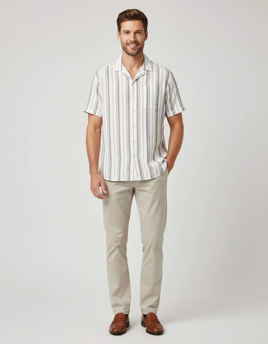 Korte mouw cuba kraag retro-streep — op model