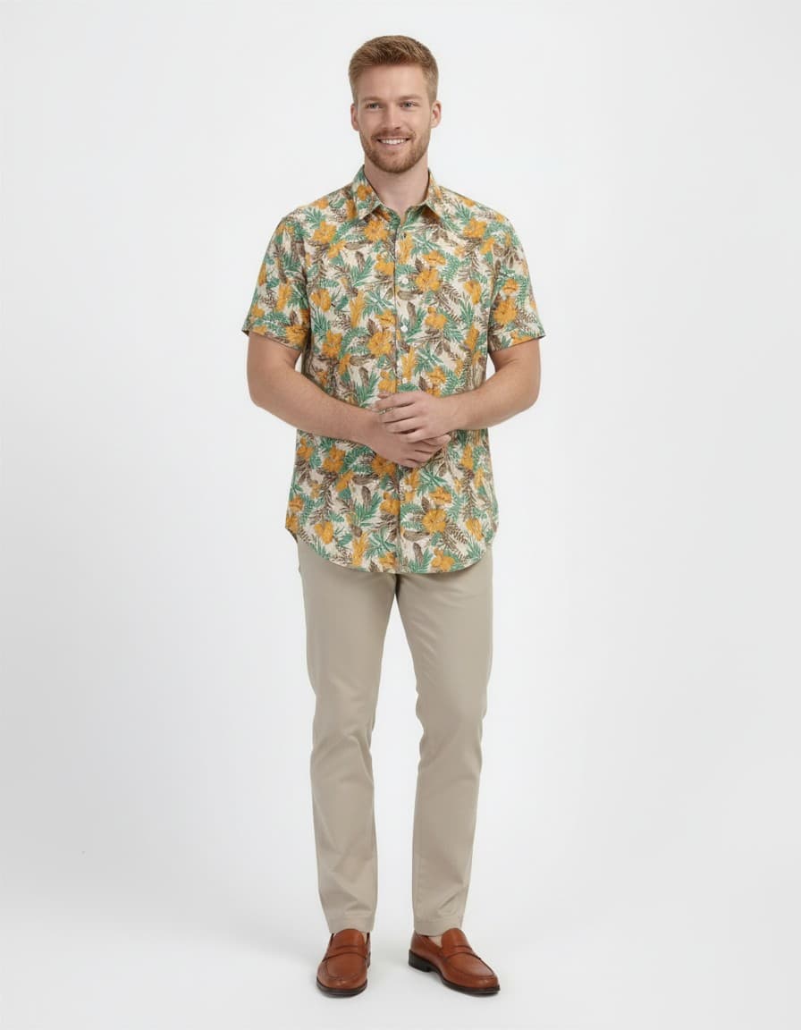 Hemd korte mouw hawaii bloem groen — op model