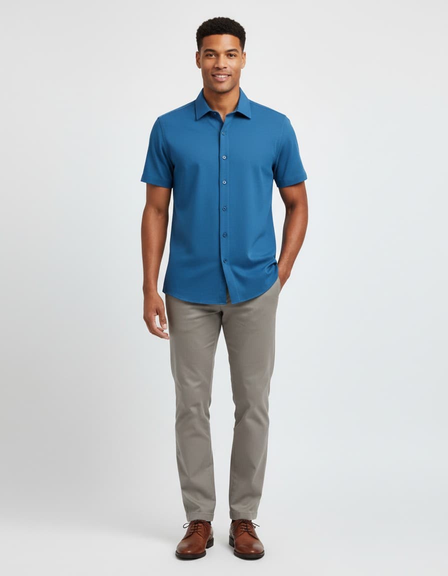 Hemd korte mouw pique blauw — op model