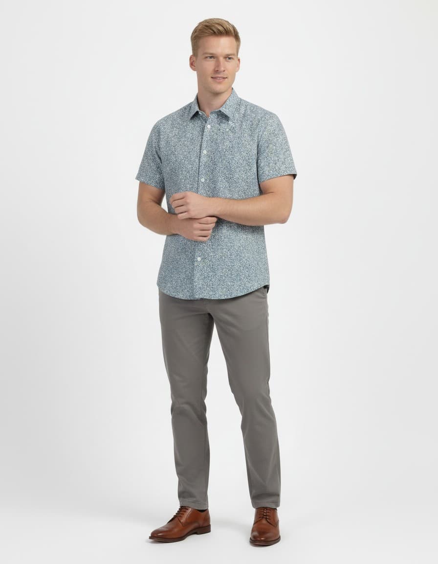 Hemd korte mouw print blauw-groen — op model