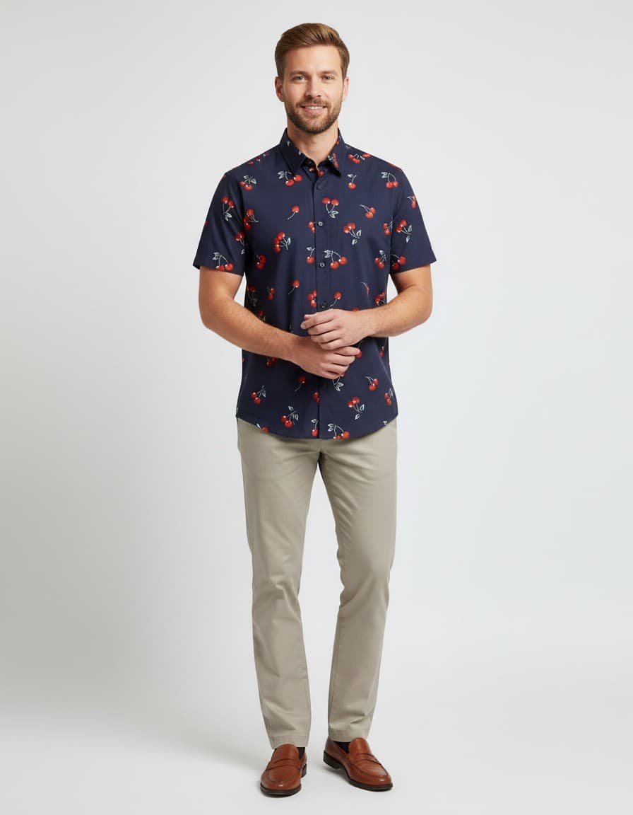 Hemd korte mouw print kers blauw — op model