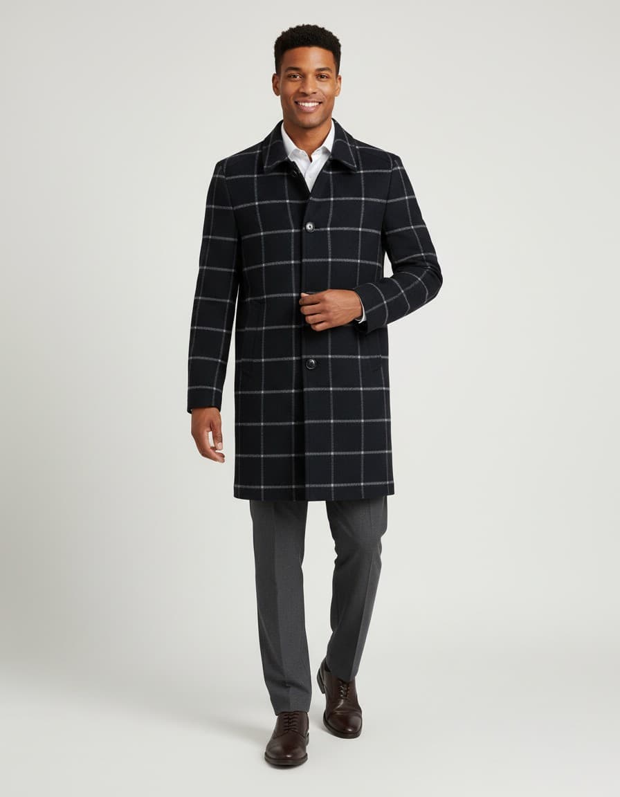 Navy Check Overcoat — on model