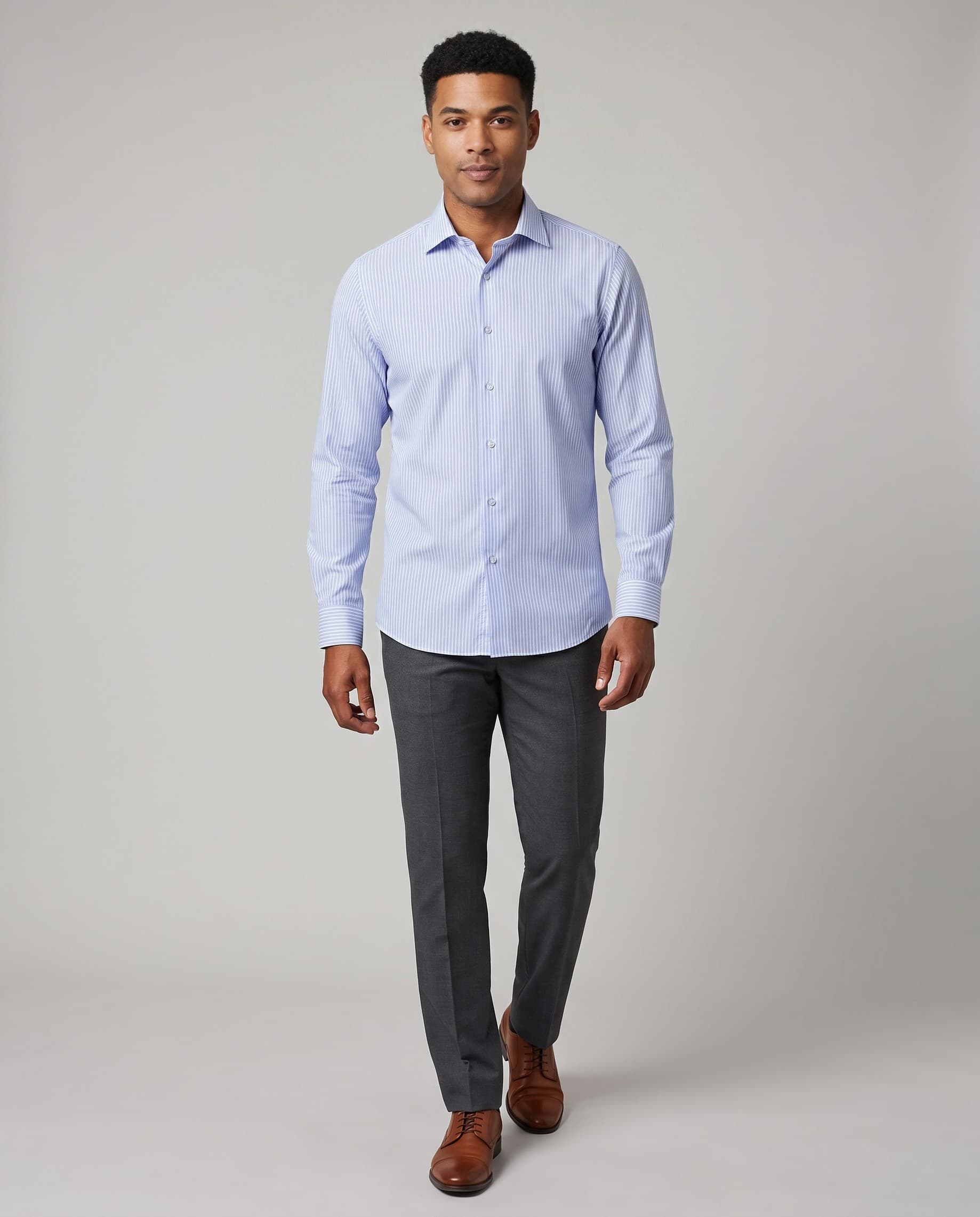 Shirt, light blue stripe on white — on model