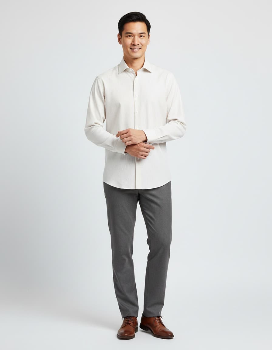 Narrow Striped Shirt Beige — on model