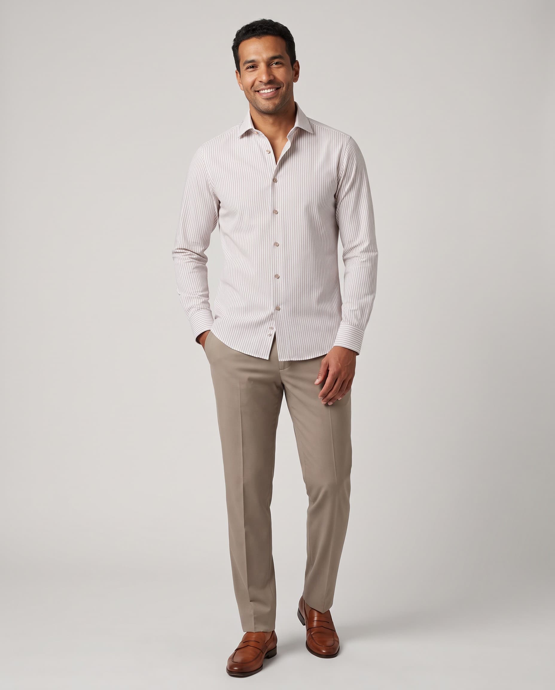 Shirt, sand stripe on white — on model
