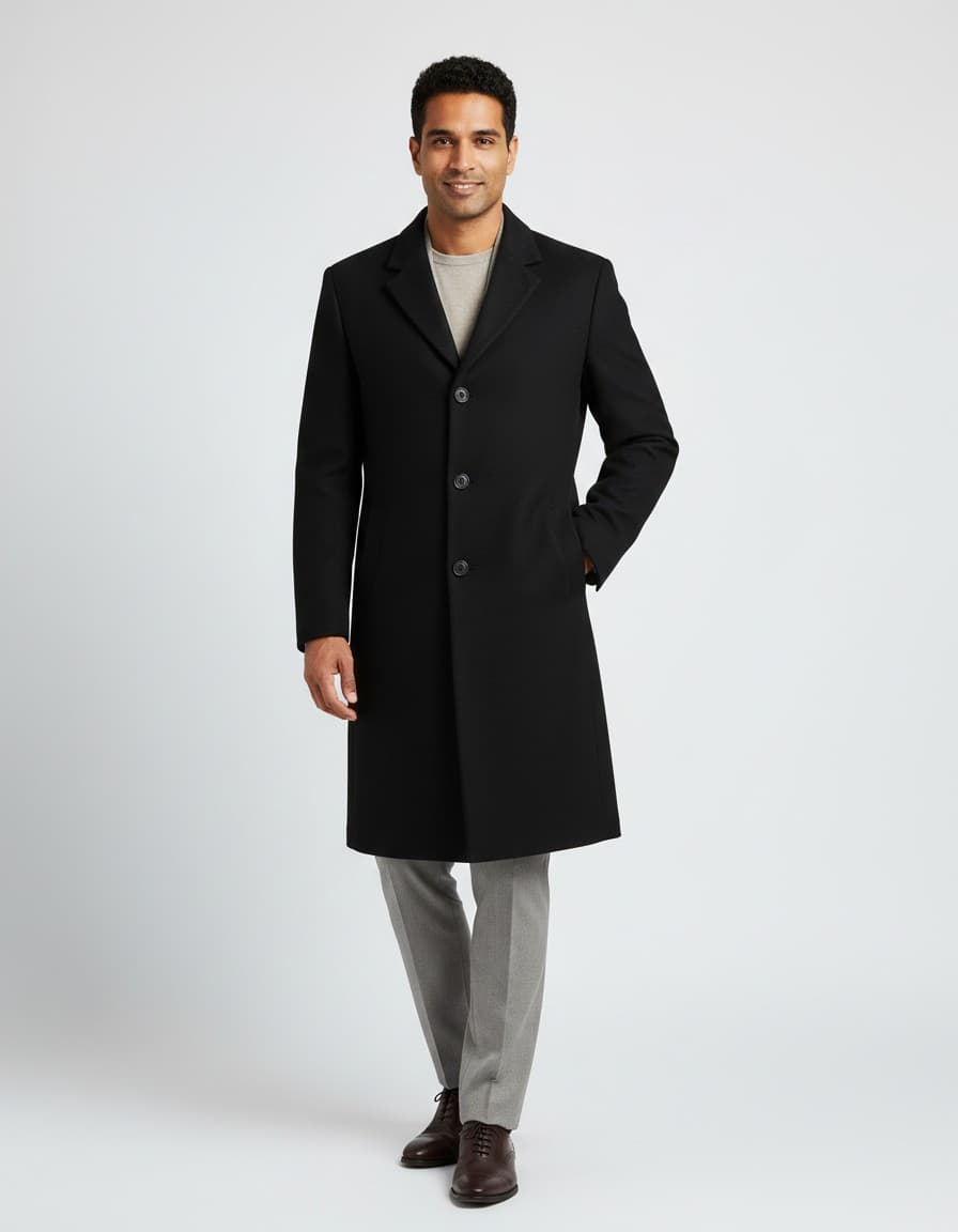 Long Black Wool Overcoat — on model