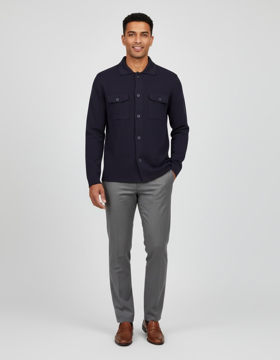 Navy wool-blend overshirt — on model