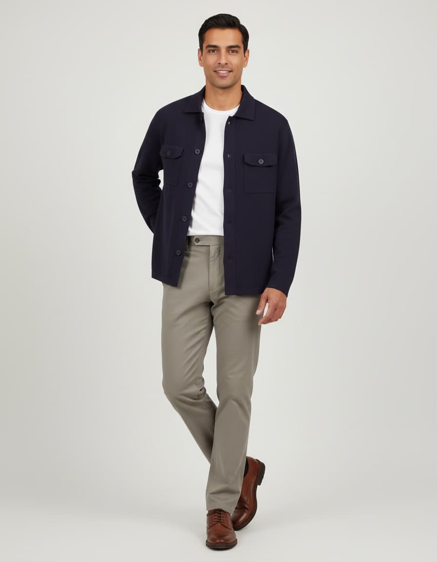 Navy wool-blend overshirt — on model