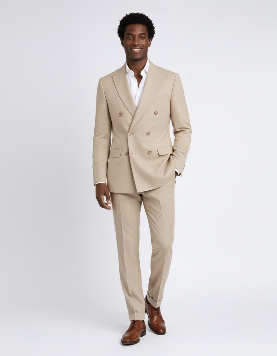 Kostuum 2-rij stretch dune beige — op model