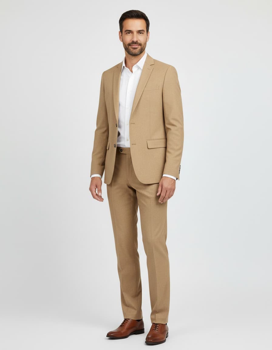 Kostuum camel bruin — op model