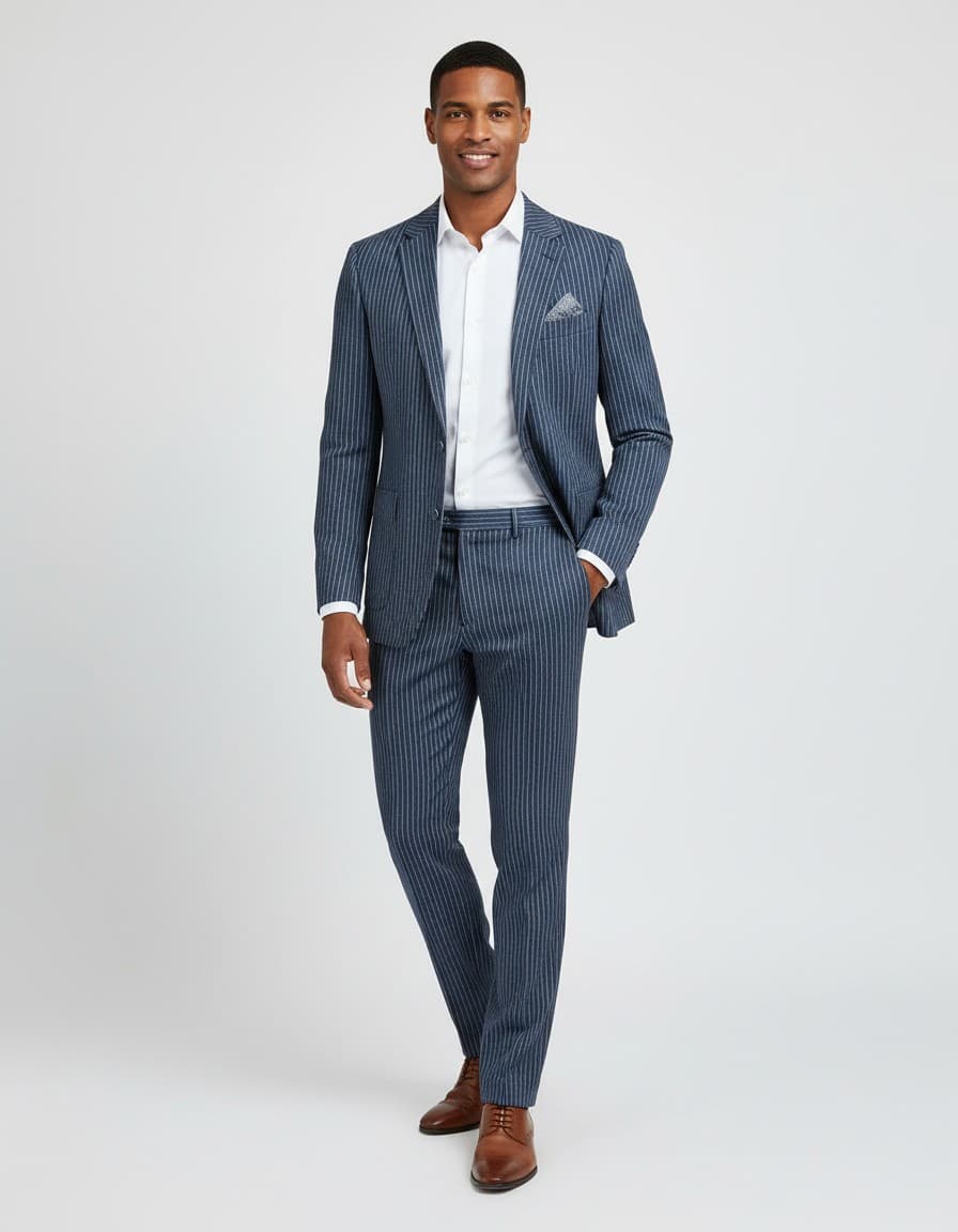 Kostuum krijtstreep denimblauw — op model