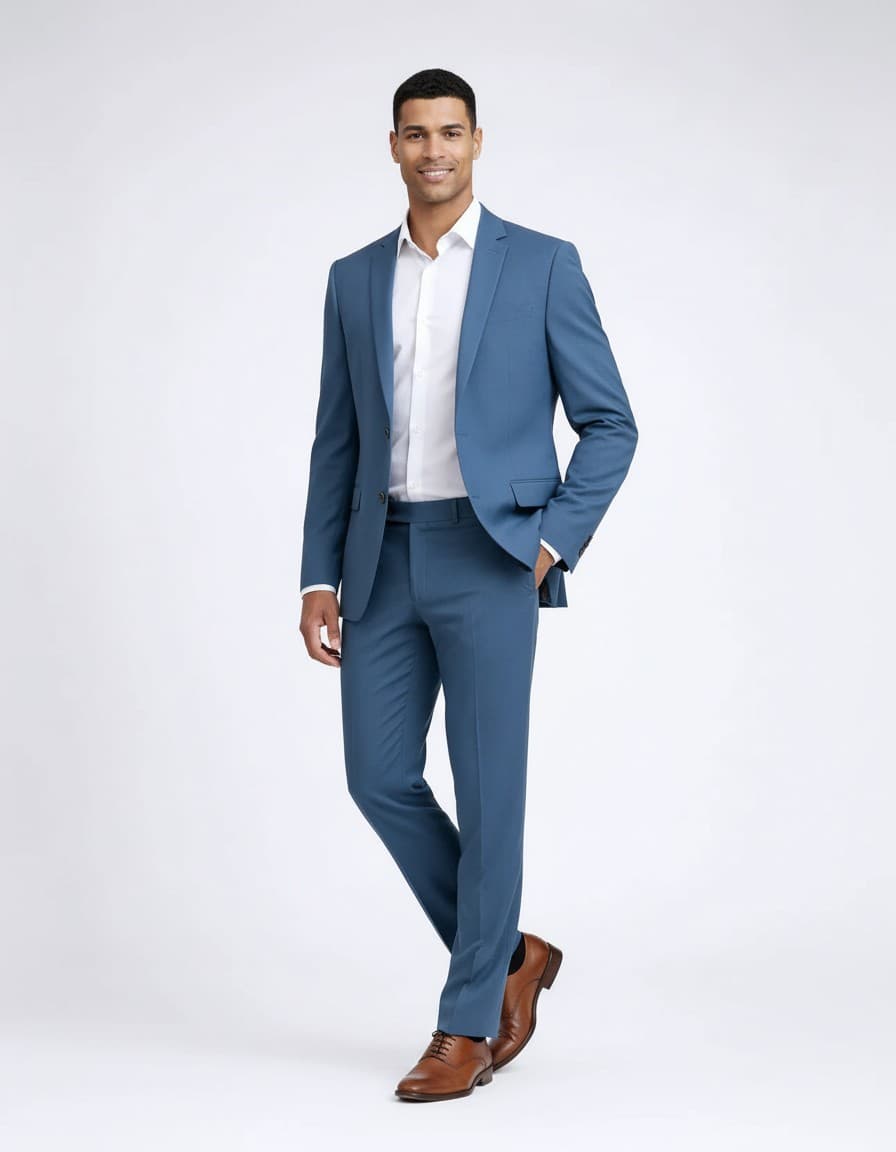 Kostuum petrol blauw — op model