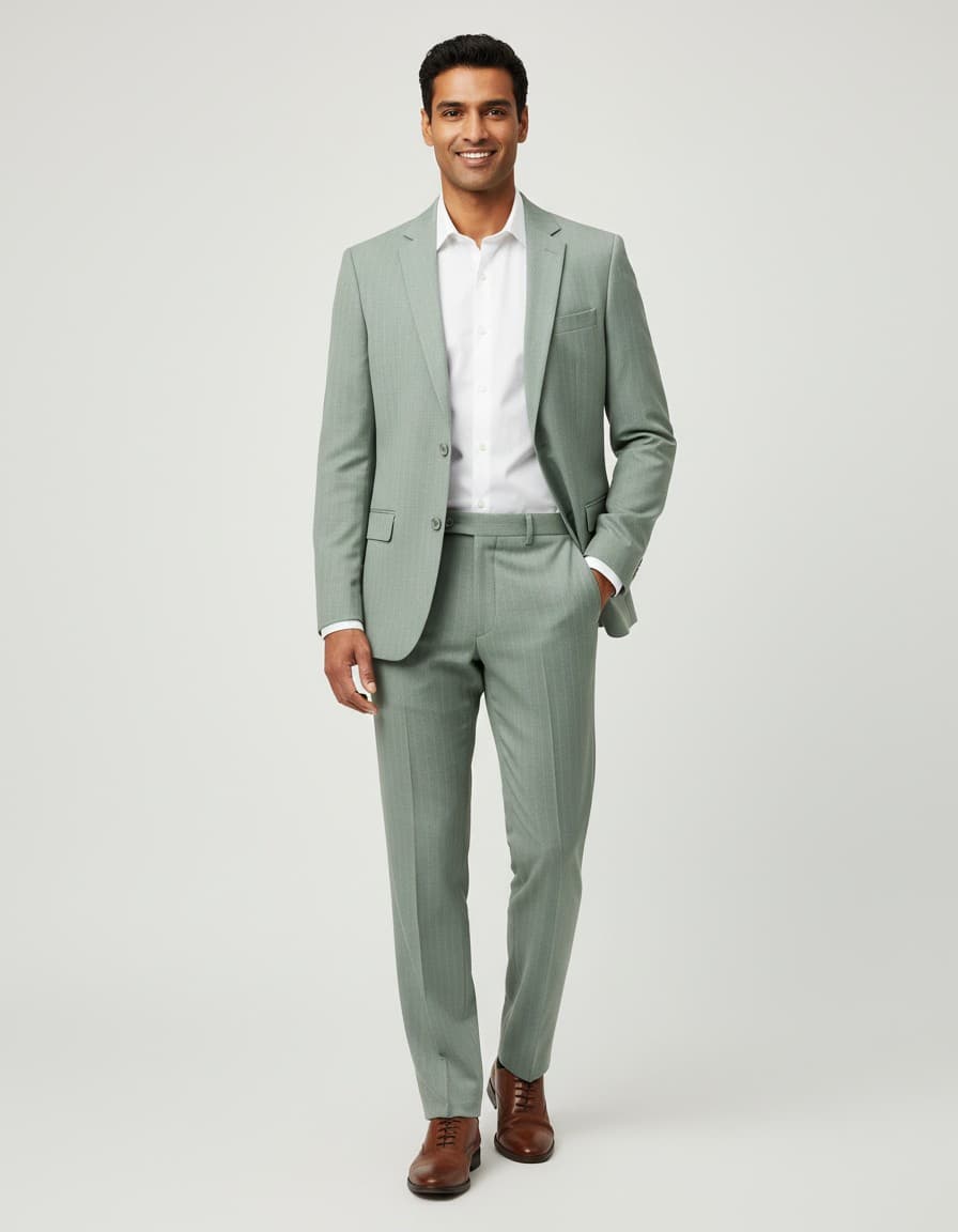 Pak pinstripe groen — op model