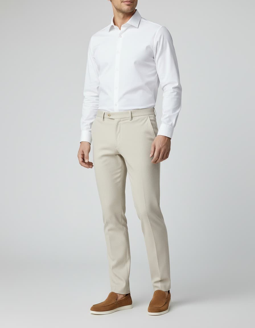 Pantalon stretch pique zand — op model