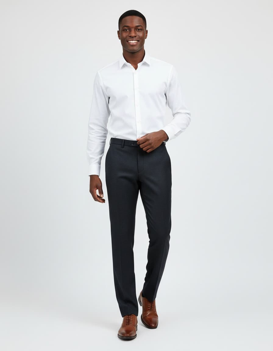 Pantalon structuur blauwbruin — op model
