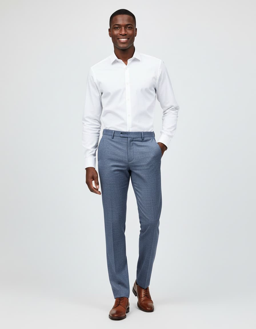 Pantalon uni melange blauw — op model