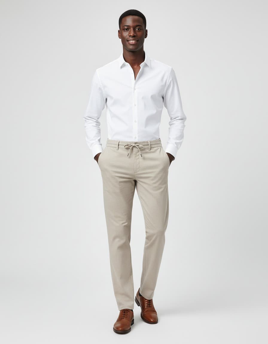 Pantalon uni stretch zand — op model