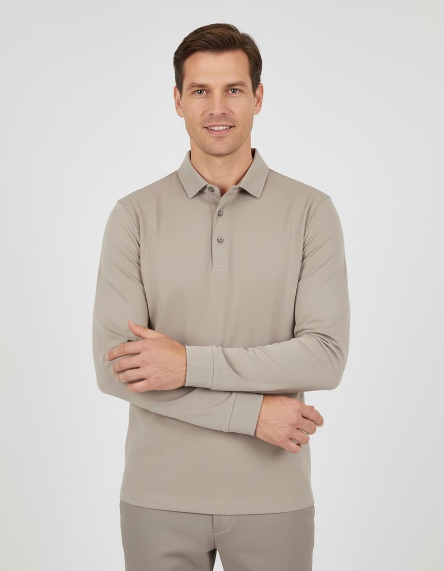 Langarm-Poloshirt in Kit-Beige — auf dem Model