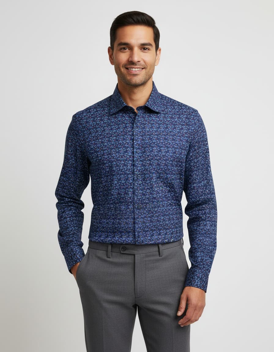Hemd minibloem donkerblauw — op model