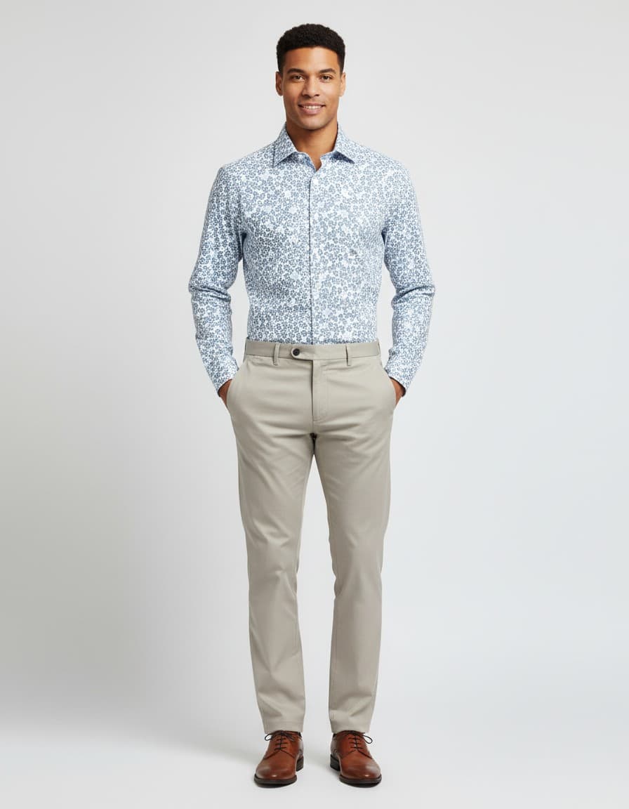 Hemd print bloemetje grijs-blauw — op model