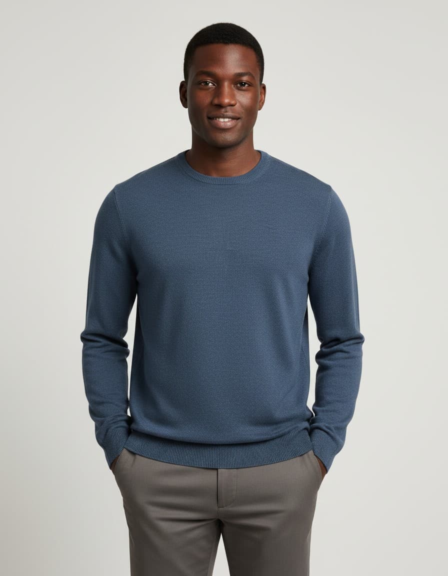 Trui ronde hals denim — op model