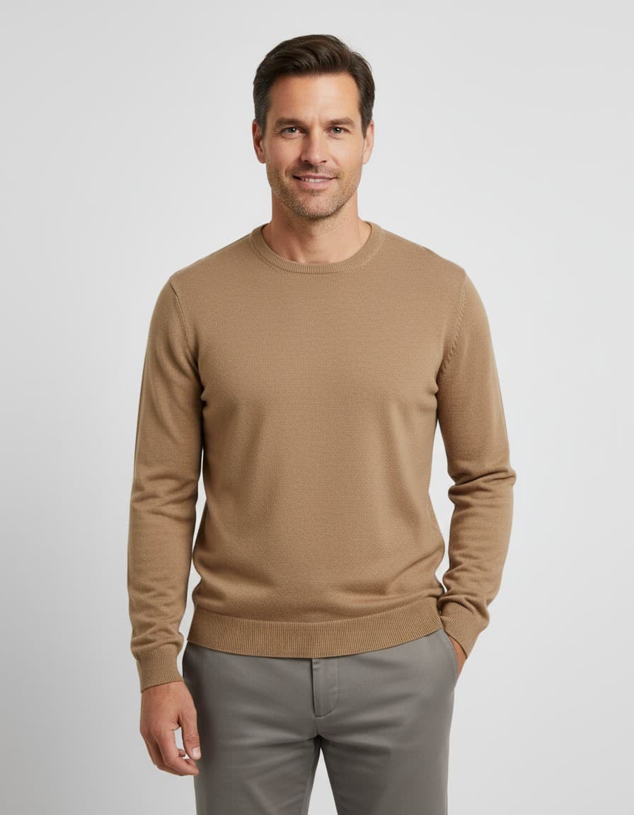 Crew Neck Cotton Camel — on model