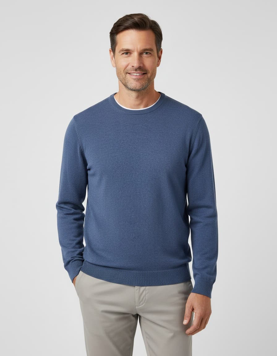 Ronde hals katoen denimblauw — op model