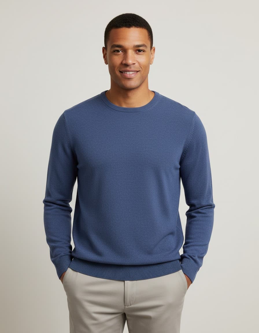 Trui ronde hals katoen denimblauw — op model